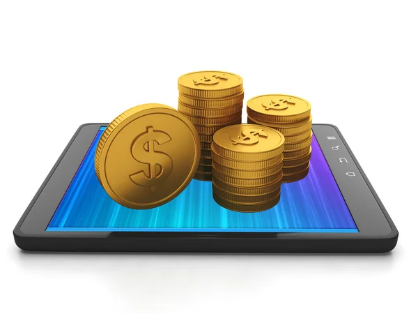 Mobiltechnologie. Tablet-Computer und eine Gruppe Goldmünzen, verdienen — Stockfoto