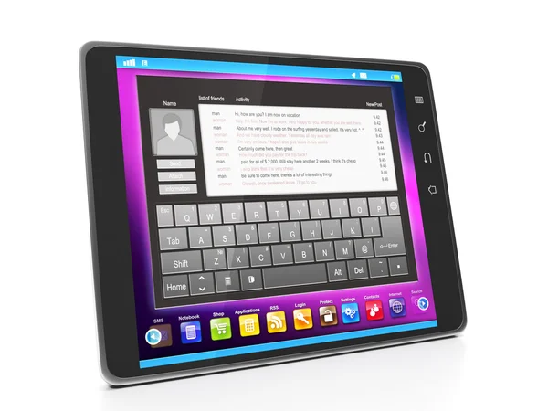 Comunicazione nei social network. Tablet computer con il testo — Foto Stock