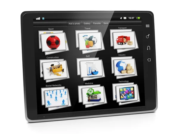 Tablet PC with a gallery of images. Tablet closeup view gallery — Stock Photo, Image