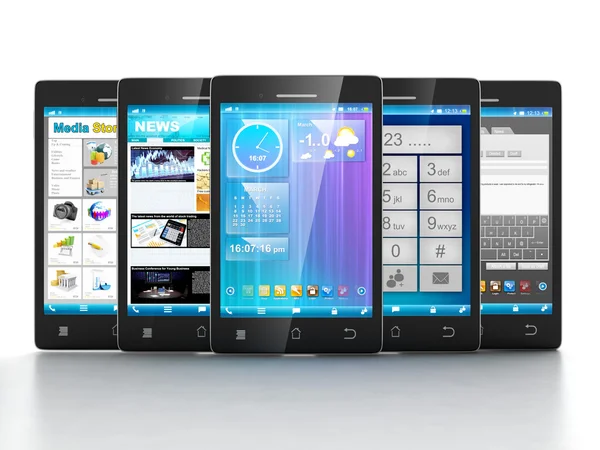 Mobile Anwendungen. Gruppe von Mobiltelefonen sind frontal auf einem w — Stockfoto