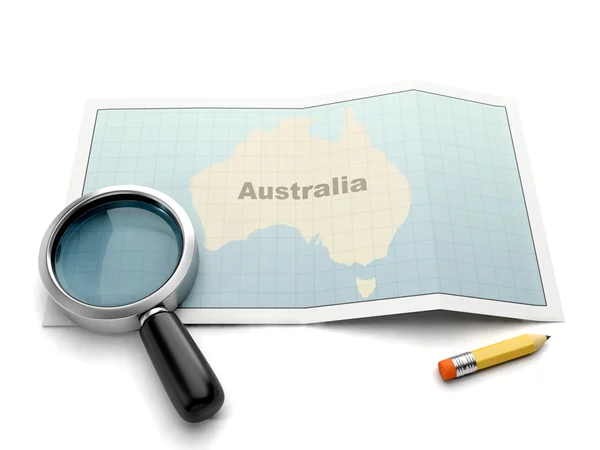 Sök på en karta över Australien. förstoringsglas och kort på en vit baksida Royaltyfria Stockfoton