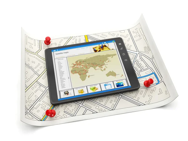 Mapas online de várias cidades. Tablet PC com um mapa do site e um m Fotografia De Stock