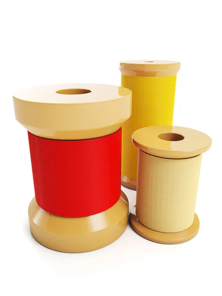 Group of wooden spools of thread. Graphic images on white backgr — Stock Photo, Image