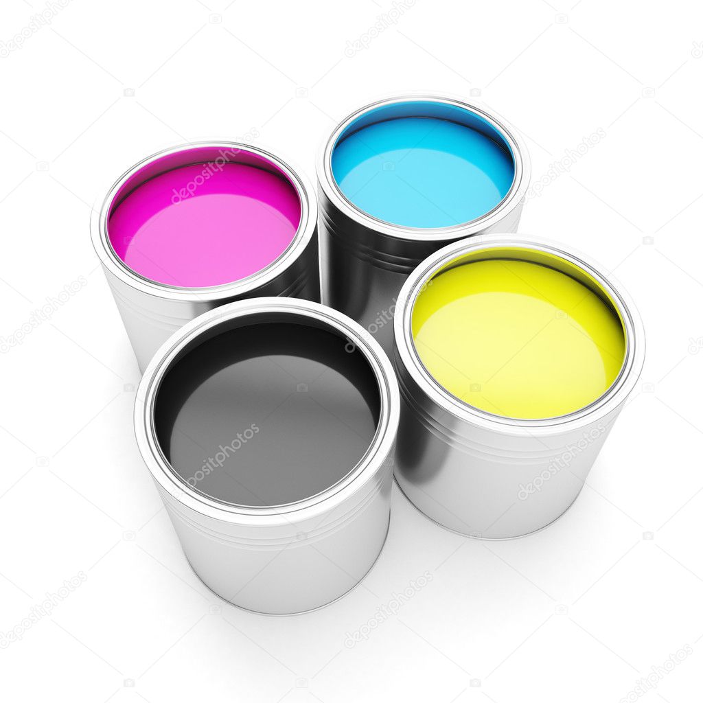 Printing technologies. CMYK colors, and four cans of paint on a Stock