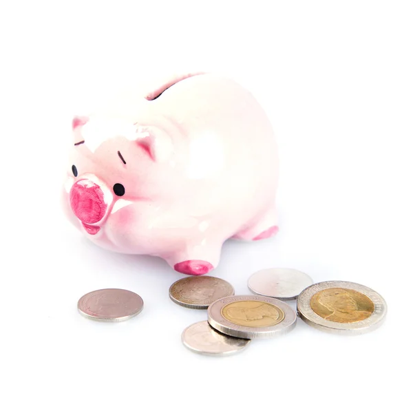 Money and piggy bank on white background — Stock Photo, Image