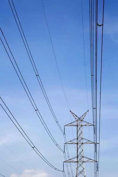 En lång rad av elektrisk överföring står hög redovisade hög volt — Stockfoto