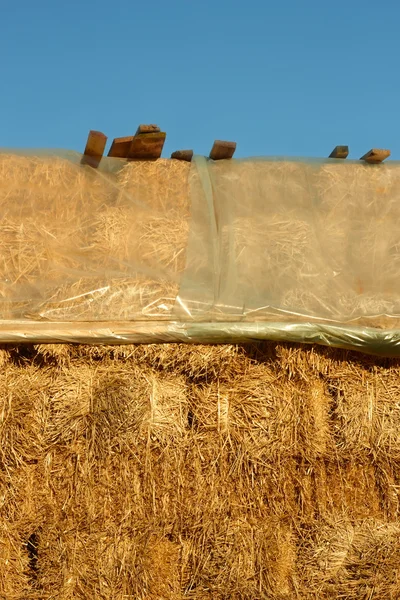 Stro stapel bedekt met plastic folie — Stockfoto