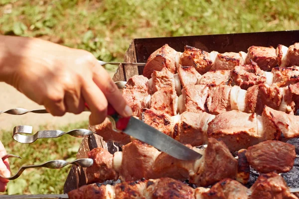 Tranches de viande sur les brochettes métalliques fermer — Photo