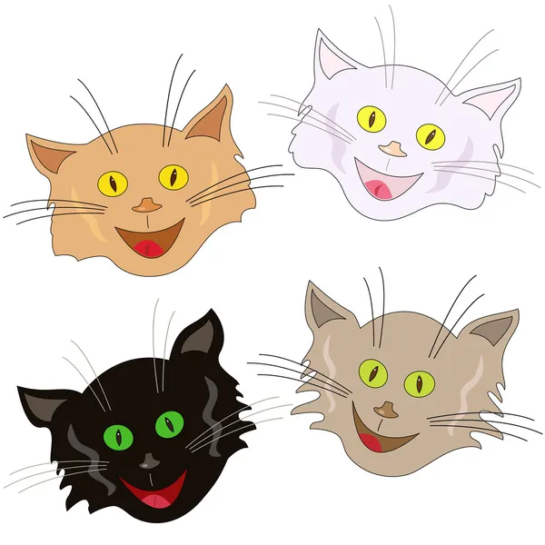 Cuatro caras de gato alegres como máscaras — Vector de stock