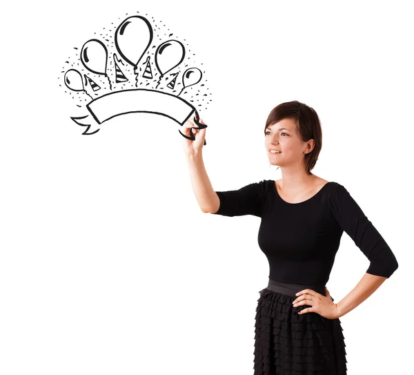 Young girl drawing a party label on whiteboard — Stock Photo, Image