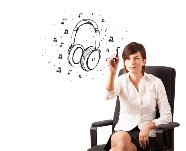 Jeune fille dessin casque et notes de musique — Photo