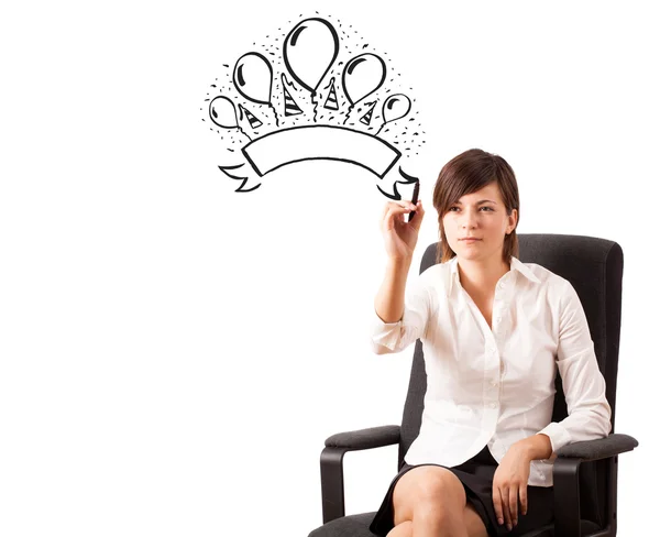 Young girl drawing a party label on whiteboard — Stock Photo, Image