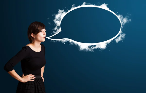 Young woman with abstract modern speech bubble — Stock Photo, Image