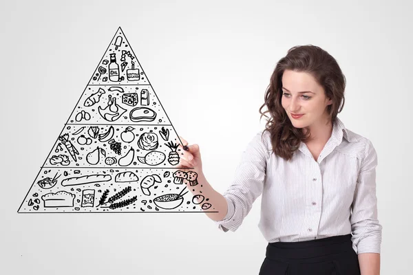 Jovem mulher desenhando uma pirâmide alimentar no quadro branco — Fotografia de Stock