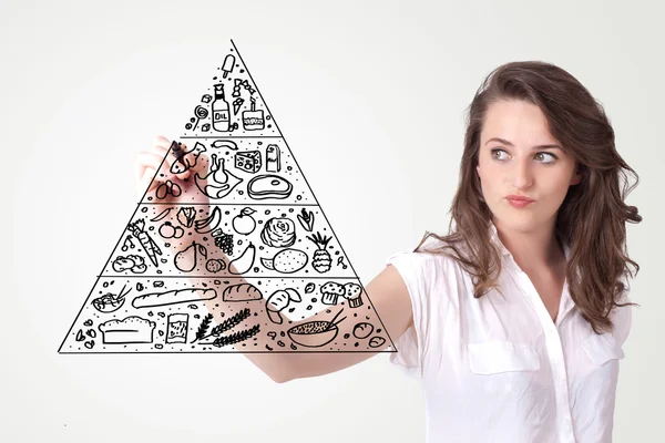 Mujer joven dibujando una pirámide de alimentos en pizarra blanca —  Fotos de Stock