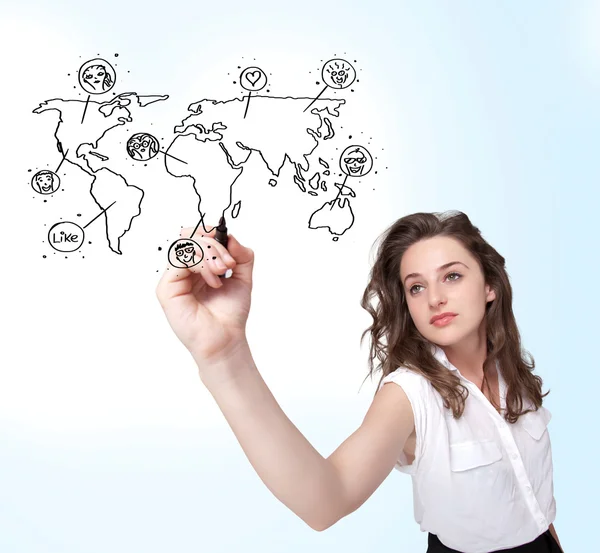 Young woman drawing a social map on whiteboard — Stock Photo, Image