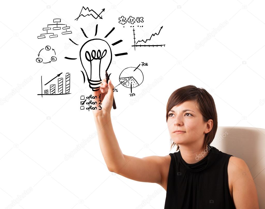 Young business woman drawing light bulb with various diagrams an