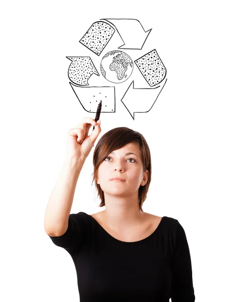 Young woman drawing recycle globe on whiteboard — Stock Photo, Image