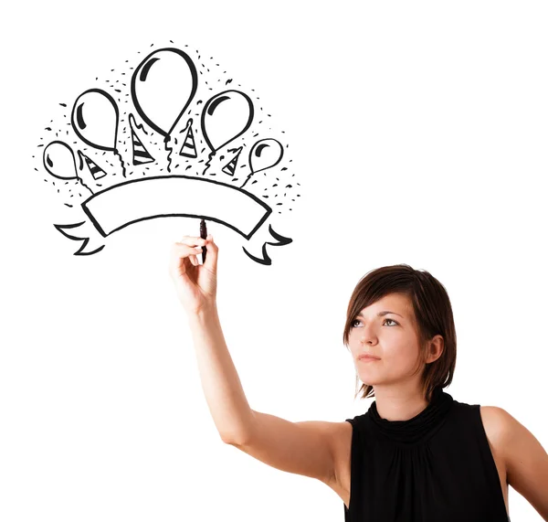 Young girl drawing a party label on whiteboard — Stock Photo, Image