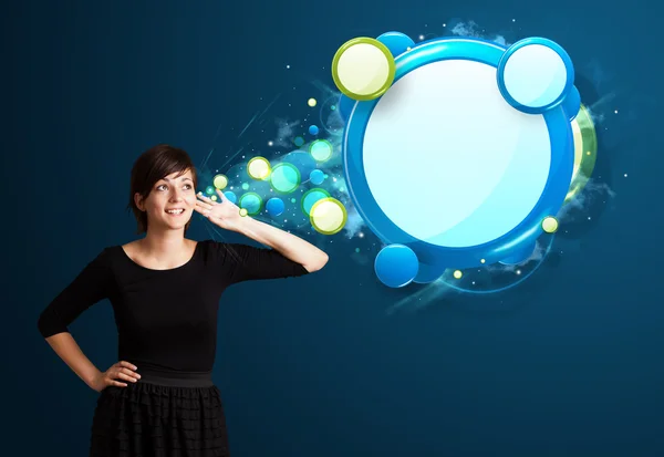 Young woman with abstract modern speech bubble — Stock Photo, Image