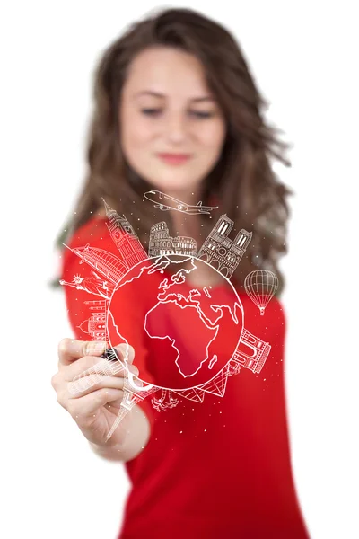 Young woman drawing a globe on whiteboard — Stock Photo, Image