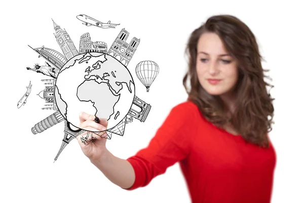 Young woman drawing a globe on whiteboard — Stock Photo, Image