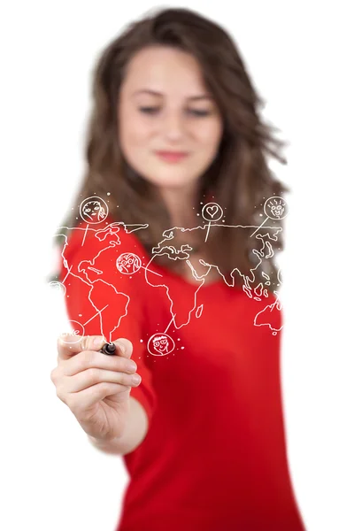 Young woman drawing a social map on whiteboard — Stock Photo, Image