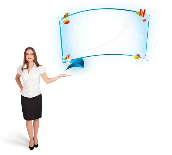 Young woman presenting abstract copy space with graphs and diagr — Stock Photo, Image