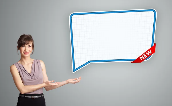 Young woman presenting modern speech bubble copy space — Stock Photo, Image