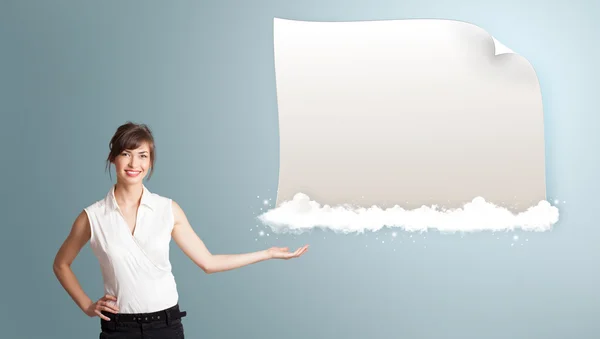 Pretty woman presenting modern copy space on clouds — Stock Photo, Image