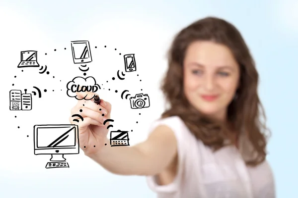 Jonge vrouw tekenen van een wolk computing op whiteboard — Stockfoto