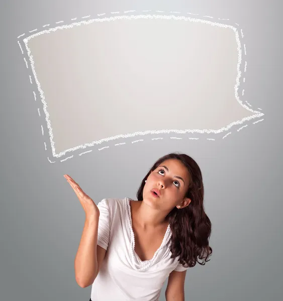 Attractive woman looking abstract speech bubble copy space — Stock Photo, Image