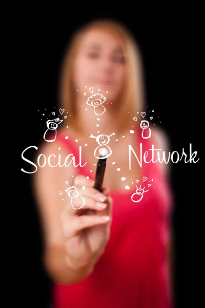 Woman draving social network theme on whiteboard Royalty Free Stock Photos
