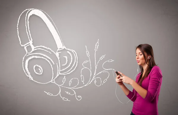 Young woman singing and listening to music with abstract headpho — Stock Photo, Image