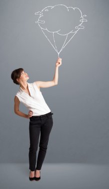 Güzel bayan elinde bir balon çizimi tutuyor.
