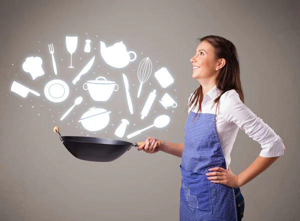 Ung kvinna med kök tillbehör ikoner — Stockfoto