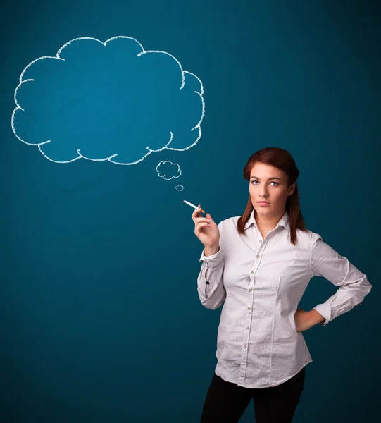 Beautiful lady smoking cigarette with idea cloud — Stock Photo, Image