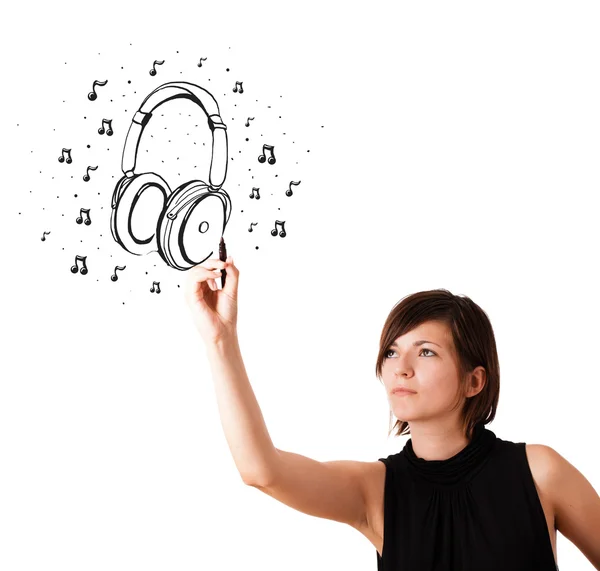 Menina jovem desenho fone de ouvido e notas musicais — Fotografia de Stock