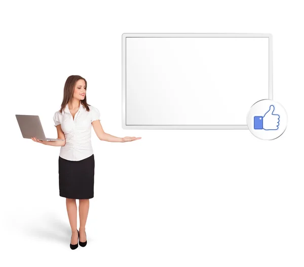 Young woman presenting modern copy space — Stock Photo, Image