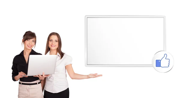 Young women presenting modern copy space — Stock Photo, Image