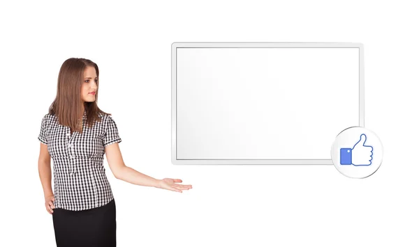 Young woman presenting modern copy space — Stock Photo, Image