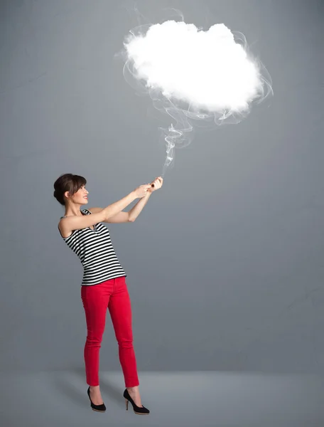 Beautiful lady holding cloud — Stock Photo, Image