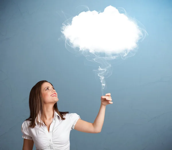 Beautiful lady holding cloud — Stock Photo, Image