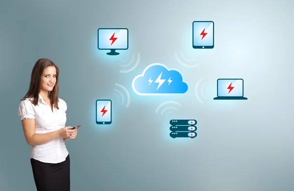 Young woman holding a phone with cloud computing network — Stock Photo, Image