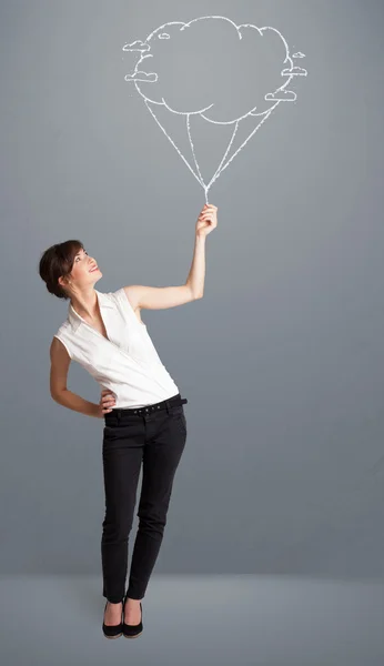 Pretty lady holding a cloud balloon drawing — Stock Photo, Image