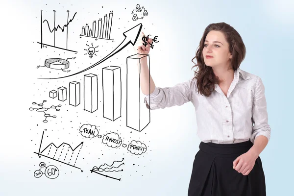 Ung affärskvinna rita diagram på whiteboard — Stockfoto