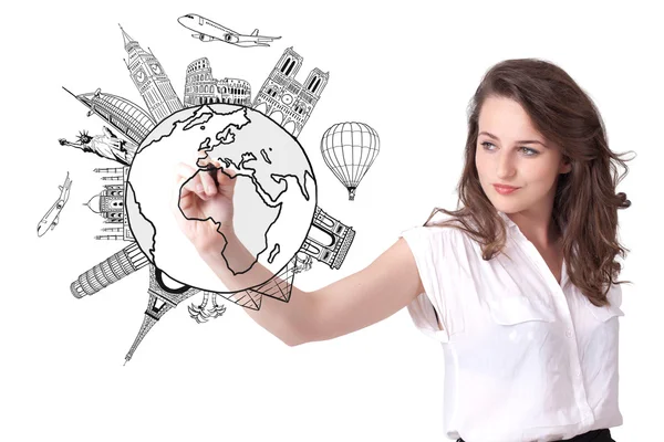 Young woman drawing a globe on whiteboard — Stock Photo, Image