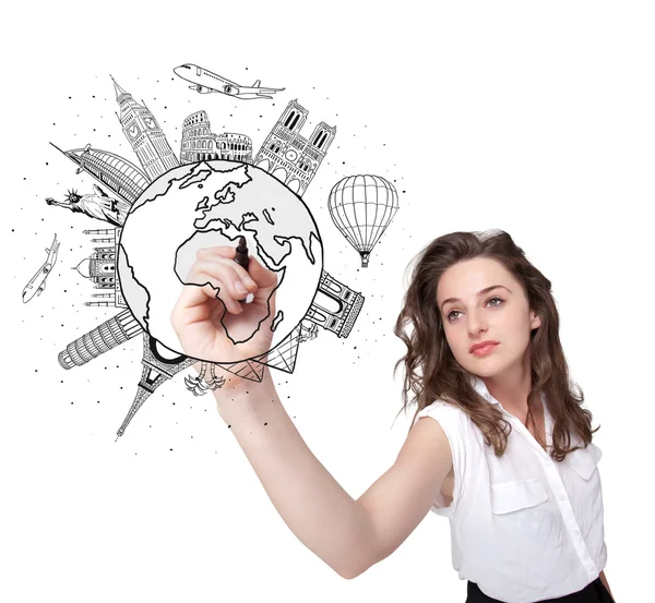 Young woman drawing a globe on whiteboard — Stock Photo, Image