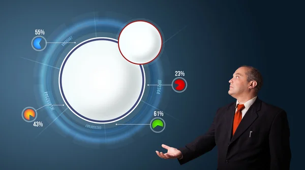 Businessman presenting abstract modern pie chart with copy space — Stock Photo, Image