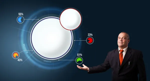 Businessman presenting abstract modern pie chart with copy space — Stock Photo, Image